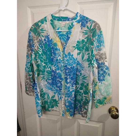 JM Collection Woman 16 Blouse V Neck Floral Multi Color 3/4 Sleeve Hawaiian Vibe - Picture 1 of 9